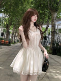 KYLETHOMASW  -  Summer French Elegant Sweet Princess Dress Women's Short-sleeve Round Neck Lace Bow Mini Party Dress Chic Fashionable Clothing
