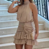 Kylethomasw Women Sexy O-neck Slim Draped Party Dress 2024 Spring Elegant High Waist Ruffle Mini Dress Summer Sleeveless Solid Bodycon Dress