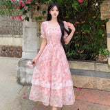 KYLETHOMASW  -  French tulip flower sweet temperament floral square neck long dress summer large size high waist thin gentle style dress