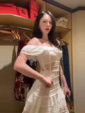 KYLETHOMASW  -  Women's White Off Shoulder Mini Dress Sweet Ruffle Tiered Crochet Waist Lace-up Gowns Summer Beach Dresses New Date Vestidos