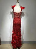 Kylethomasw Women Summer Luxury Sexy Mesh Sequins Feather Red Maxi Long Gowns Dress Elegant Evening Party Club Dress