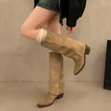 KYLETHOMASW  -  Fashion Vintage Thick Heel Women Western Cowboy Boots Button Combination Splicing Shoes Autumn Winter Ladies Pipe Long Booties