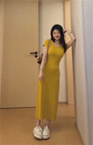 KYLETHOMASW  -  Summer Casual Cotton Midi Dress Women Elegant Solid Color Round Neck Slim Bodycon Dresses Korean High Street Vestidos ﻿270A