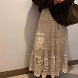 KYLETHOMASW  -  Korean Fashion Skirts Gentle Heavy Industry Vintage French Hollow Out Hook Flower Design Knit Skirt Vintage A-line Skirt