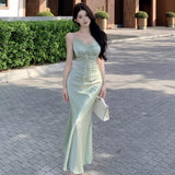 KYLETHOMASW  -  Woman Dress Sleeveless Satin V Neck Lace Patchwork Bandage Sexy Elegant Backless Mermaid Dresses Party Female Fashion
