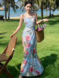 KYLETHOMASW  -  French Style Floral Print Womens Dresses Elegant Spaghetti Strap Bodycon Party Long Dress Summer Holiday Beach Vestidos Robe New