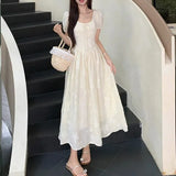 KYLETHOMASW  -  Women Summer Vintage Sweet Chic High Waist Elegant Party Dresses Fairy Solid Short Sleeve Slim Lace-up Beach Maxi Dress Vestidos