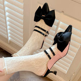 Kylethomasw  -  Women's summer thin high heel mules genuine leather mix color patchwork pointed toe slip-on summer sweet bowtie slides sandals