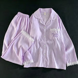 KYLETHOMASW  -  Sweet Women Autumn 2Pcs Sleepwear Built‑in Chest Pad Embroidery Lace Trim Soft Long Sleeve Long Pants Ladies Home Loungewear