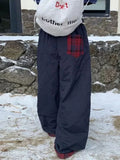 Kylethomasw Retro Plaid Spliced Pants Women Y2k Hip Hop Casual Loose Drawstring Straight Winter Thick Trouser Streetwear Kpop Slacks