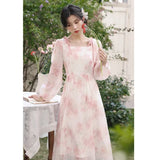 KYLETHOMASW  -  Elegant Party Long Dresses Spring Fairycore Dress Pink Bow Lace-up French Style Square Neck Fairy Dresses Female Cloting New