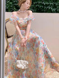 KYLETHOMASW  -  Women's French Puff Sleeves Floral Long Dress Summer Korean Fashion Cool and Breathable Bare Shoulder Vestidos Robe