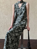 KYLETHOMASW  -  2025 New Korean Chic Summer Retro Ethnic Style V-neck Floral Print Strap Waist Cinching Slimming Floral Vest Dress