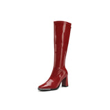 KYLETHOMASW  -  Thick Heel Women Knee High Boots Fashion Silvery Square Toe Autumn Winter Ladies Elegant Mordern Knight Long Booties