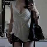 KYLETHOMASW  -  Pure Desire Spicy Girl White Lace Splice Knitted Top Summer Self-built Station New Pleated Slim Fit V-neck T-shirt Women