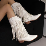 KYLETHOMASW  -  Women Fringe Western Boots Pink Sweet Embroidered Boots Brown Tassels Block Medium Heels Shoes Plus Size 48 Lady Winter