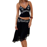 KYLETHOMASW  -  Women 2 Piece Skirt Outfit Boho Floral Spaghetti Strap Backless Tie Up Cami Crop Top Irregular Hem Midi Skirt Holiday Beachwear