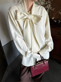 KYLETHOMASW  -  Elegant Beige Blouse Women Chic Bow Tie Long Sleeve Shirt Female Oversized Office Ladies Fashion Vintage Spring Clothes