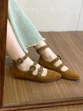 KYLETHOMASW  -  Retro Mary Jane Shoes British Style Pointed Toe Rivet Buckle Women's Summer Sandals Flat Bottom Beanie Shoes Girl Footwear