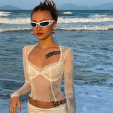 Kylethomasw American Hot Girl Lace Mesh Spliced Transparent Long Sleeve Tops Women's Thin Slim High Street Navel Top Female Clothes