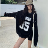 KYLTHOMASW  -  Vintage Digital Printing Strapless Sexy Long-sleeved T-shirt Women 2024 Autumn New Korean Loose Casual All Match Mid-length Tops