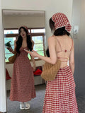 KYLETHOMASW  -  Red Plaid Camis Dress Women Vintage Vacation Sexy Backless Spaghetti Strap Dress Korean Slim Sweet Midi A Line Vestidos