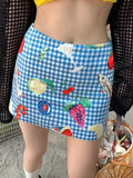 KYLETHOMASW  -  Y2k Fruit Print Mini Skirt Plaid Graphic Above Knee Skirts for Women Summer Fashion Hawaii Beach Style A-line Bottoms