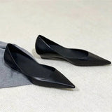 KYLETHOMASW  -  Sexy Pointed Toe Leather Flat Shoes Women Tapered Low Heel Pumps Black Shallow Mouth Design Comfort Casual Office Shoe for Women
