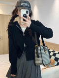 Kylethomasw Double Zipper Cropped Knitwear Basic Zip Up Hooded Knitted Cardigan Slim Long Sleeve Sweaters for Women Winter Clothes