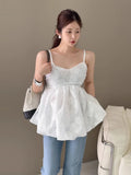 KYLETHOMASW  -  2025 3D Embroidered Jacquard Tank Top Strap Women Summer New Style Unique Design Lotus Leaf Edge Puff Blouse Top
