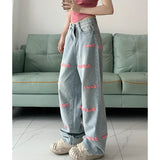 Kylethomasw Vintage Letters Embroidery Loose Washed Jeans Women Summer New High Waist All Match Casual Wide Leg Pants