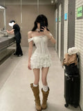 KYLETHOMASW  -  Women Sexy Two Piece Set Corset Top and Layered Ruffle Mini Skirt Slim Fit Suit Gothic Lolita Style Club Night Summer Outfit New