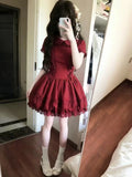 KYLETHOMASW  -  Red Vintage Waist Cinching Sweet Lace Dresses Y2k Lace Up Spring Summer Elegant Women's Dress Korean Fashion Design Ouutfit