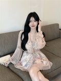 KYLETHOMASW  -  Beautiful Long-sleeved Floral Chiffon V-neck Shirt Dress for Women to Slim Down the Waist