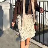 KYLETHOMASW  -  Romantic Apricot Polka Dot Print Chiffon Midi Long Skirt Women Zipper Waist Tierred Ruffles A-lined Asymmetry Skirts Holiday