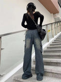 Kylethomasw Blue Cargo Pants Women High Waist Washed Jeans American Retro High Street Flared Wide Leg Split Trousers with Zipper New