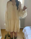KYLETHOMASW  -  Summer New Loose Long-sleeved Embroidered Fungus Edge Tie-neck Shirt Skirt Summer