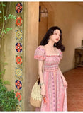 KYLETHOMASW  -  Elegant Vintage Floral Midi Dress Women Sweet Puff Sleeve Korean Slim Fairy Dress Female 2025 Summer Casual Evening Party Dress
