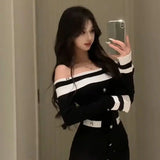 KYLETHOMASW  -  Sexy Boat Neck Bag Hip Dress Women Autumn Patchwork Sleeveless Sheath Knit Dress French Fashion Button Mini Sweater Dress A147