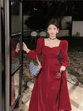 KYLETHOMASW  -  Vintage Elegant Velvet Long Dress for Woman Autumn New Square Collar Puff Sleeves A Line Party Dresses Party Evening Vestidos
