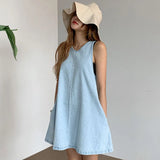 KYLETHOMASW  -  Women Korean Denim Dress Washed Blue Loose A Line Sleeveless Slimming Versatile Casual Dress