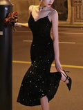 KYLETHOMASW  -  Sexy Sleeveless Velvet Dress Women French Fashion Sequins Long Mermaid Dresses Evening Party Prom One Piece Vestidos Mujer