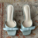 KYLETHOMASW  -  Buttefly Knot Shallow Slippers Sexy Square Toe Thin Heel Slip On Solid New Arrivals Fashion Women Modern Shoes
