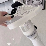 KYLETHOMASW  -  WomenCute Cartoon Rabbit PlatformSneakers Grey‑White Polka DotPatchwork Thick Sole Lace‑Up Skate Board ShoesGirls Casual Walking