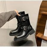 KYLETHOMASW  -  Autumn Winter Metal Belt Buckle Women Motorcycle Boots Fashion Rivet Patent Leather Platform Wedge High heels Chunky Boots Shoes