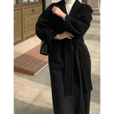 KYLETHOMASW  -    Women Elegant Long Woolen Coat with Belt Autumn Winter New Fashion Solid Lapel Long Sleeve Chic Outerwear Ladies Casual Overcoat