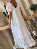 KYLETHOMASW  -  Women's Casual White Swing Party Dresses YK2 Ladies Elegant O-neck Hollow Long Dress Vestidos Summer Loose Short Sleeve Dress