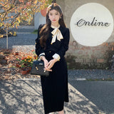 KYLETHOMASW  -  Autumn Winter Miu Style Korean Drama Inspired Dress Set High Fashion Mini Skirt Full Sleeve Princess Sleeve Scarf Collar Women's