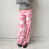 KYLETHOMASW  -  Y2K Fold Over Wide Leg Pants Preppy Women Striped Patchwork Low Waist Trousers Female Casual Lounge Yoga Sweatpants
