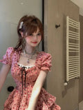 KYLETHOMASW  -  Korean White Delicate Pretty Waist Cinched Fluffy Runaway Princess Dress French Ruffled Edge Square Neck Floral Dresses